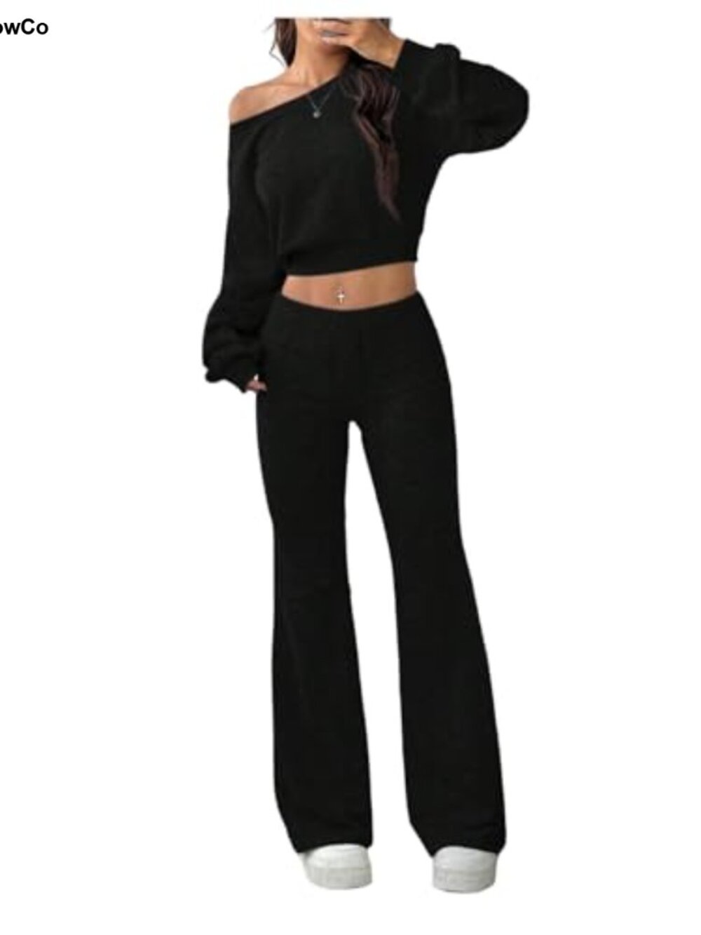 SweatyRocks Women's 2 Piece Lounge Set Long Sleeve Crop Top Flared Pants